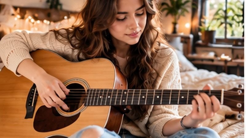 Young guitarist practicing an acoustic guitar at home