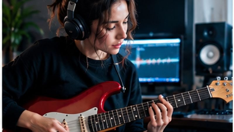 Electric guitarist with headphones in a home studio