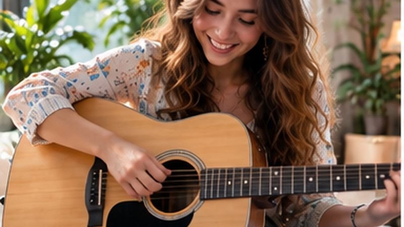 Smiling guitarist strumming an acoustic guitar